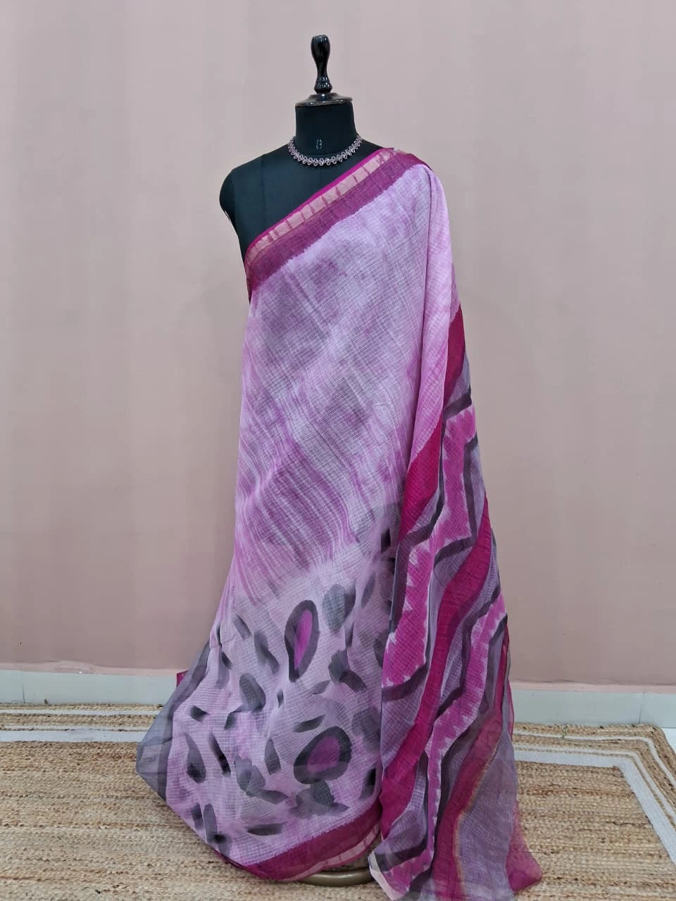 White & Pink Cotton Kota Saree 