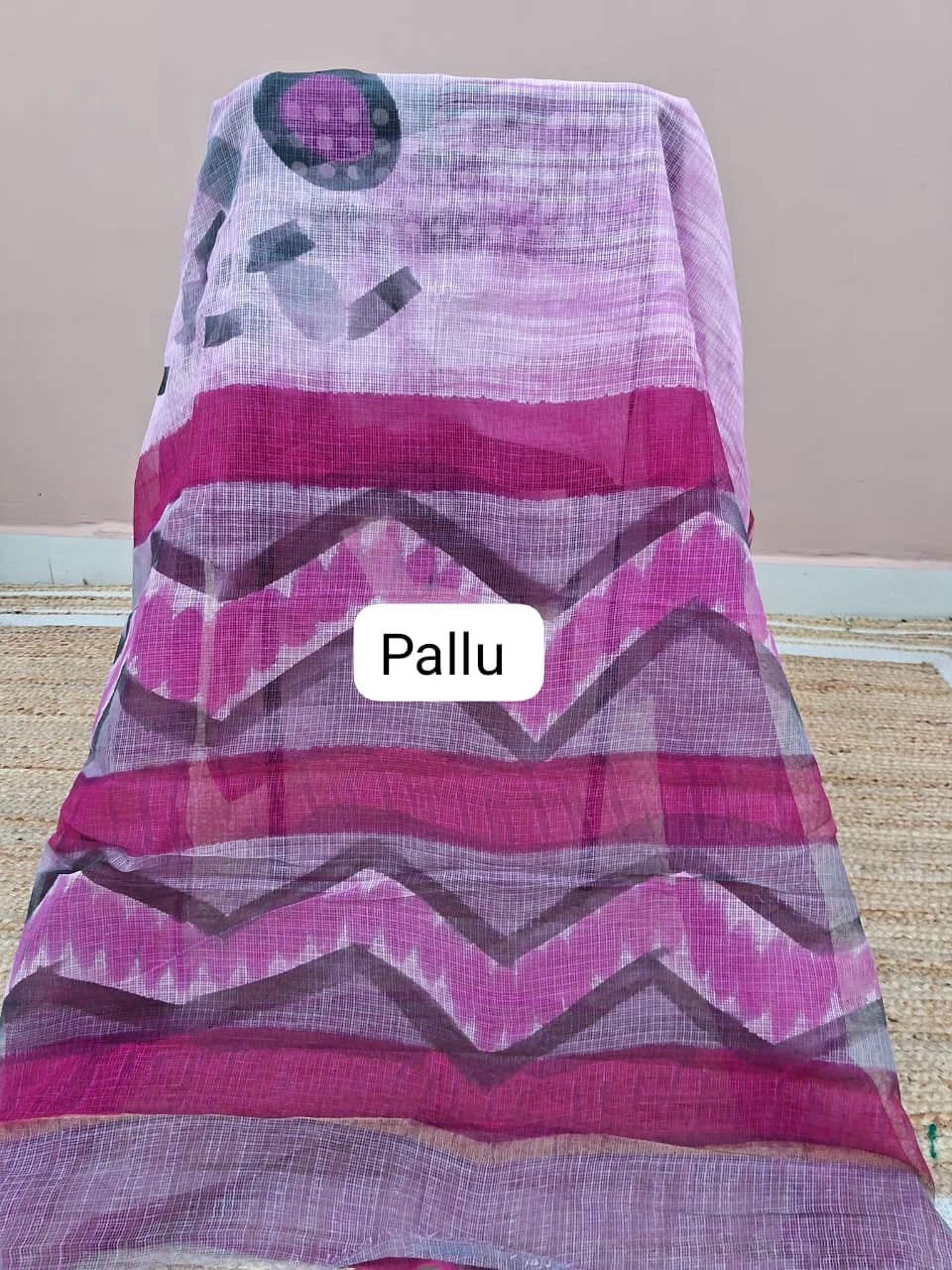 White & Pink Cotton Kota Saree Pallu