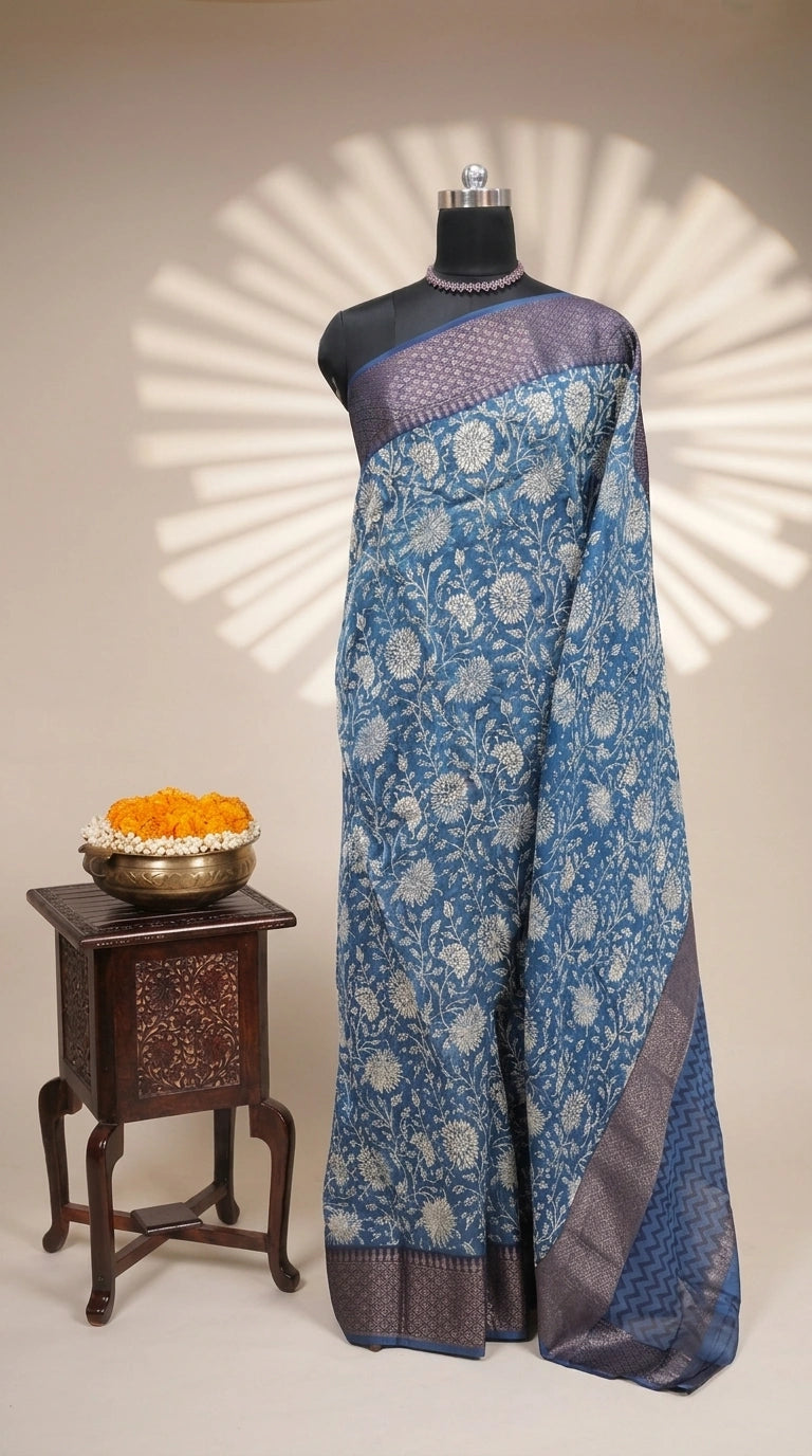 Festive Radiance Indigo Blue Chanderi Saree