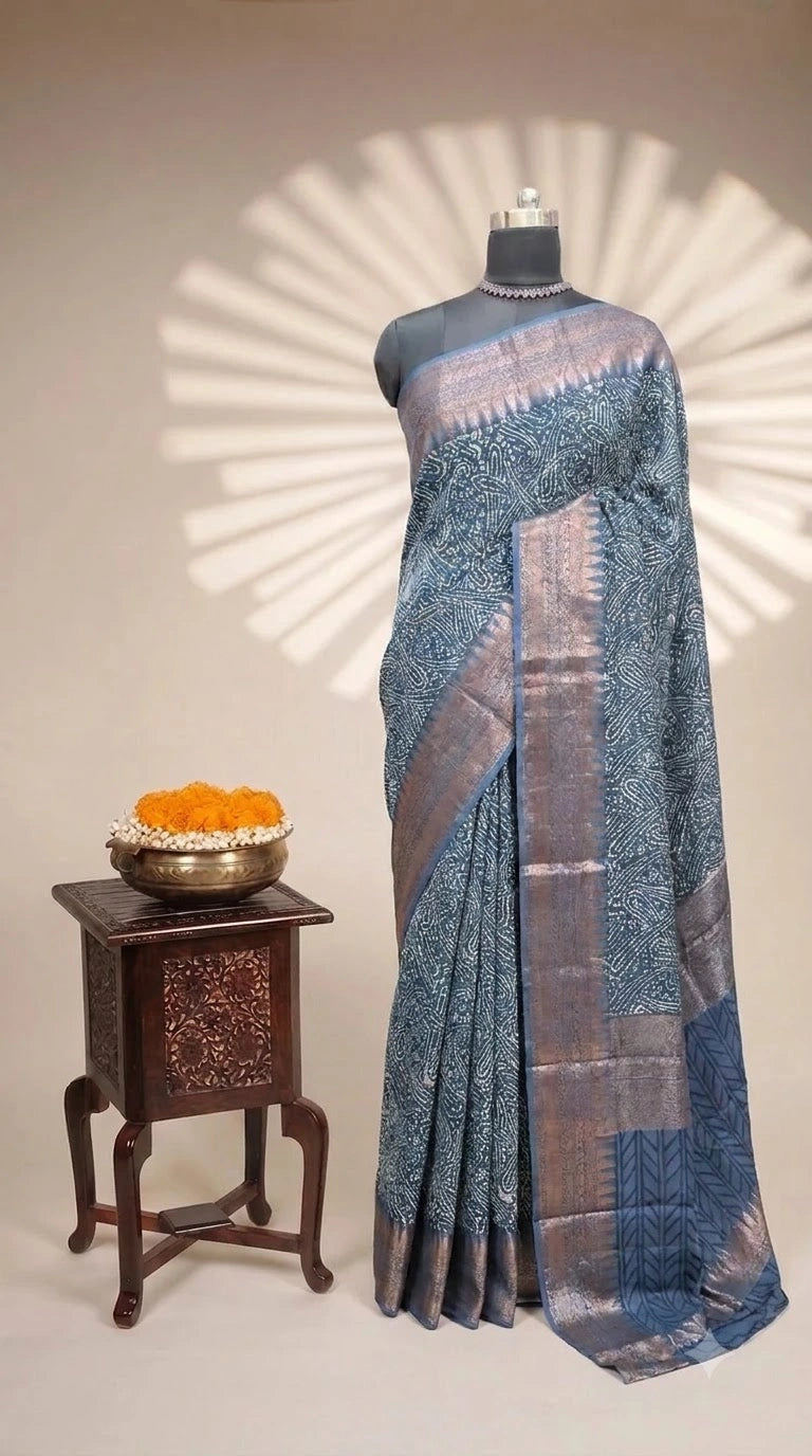 Luxury festive Indigo Blue Chanderi Saree