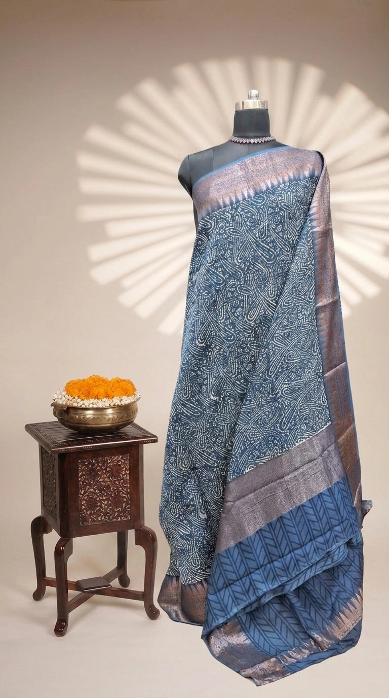 Luxury festive Indigo Blue Chanderi Saree