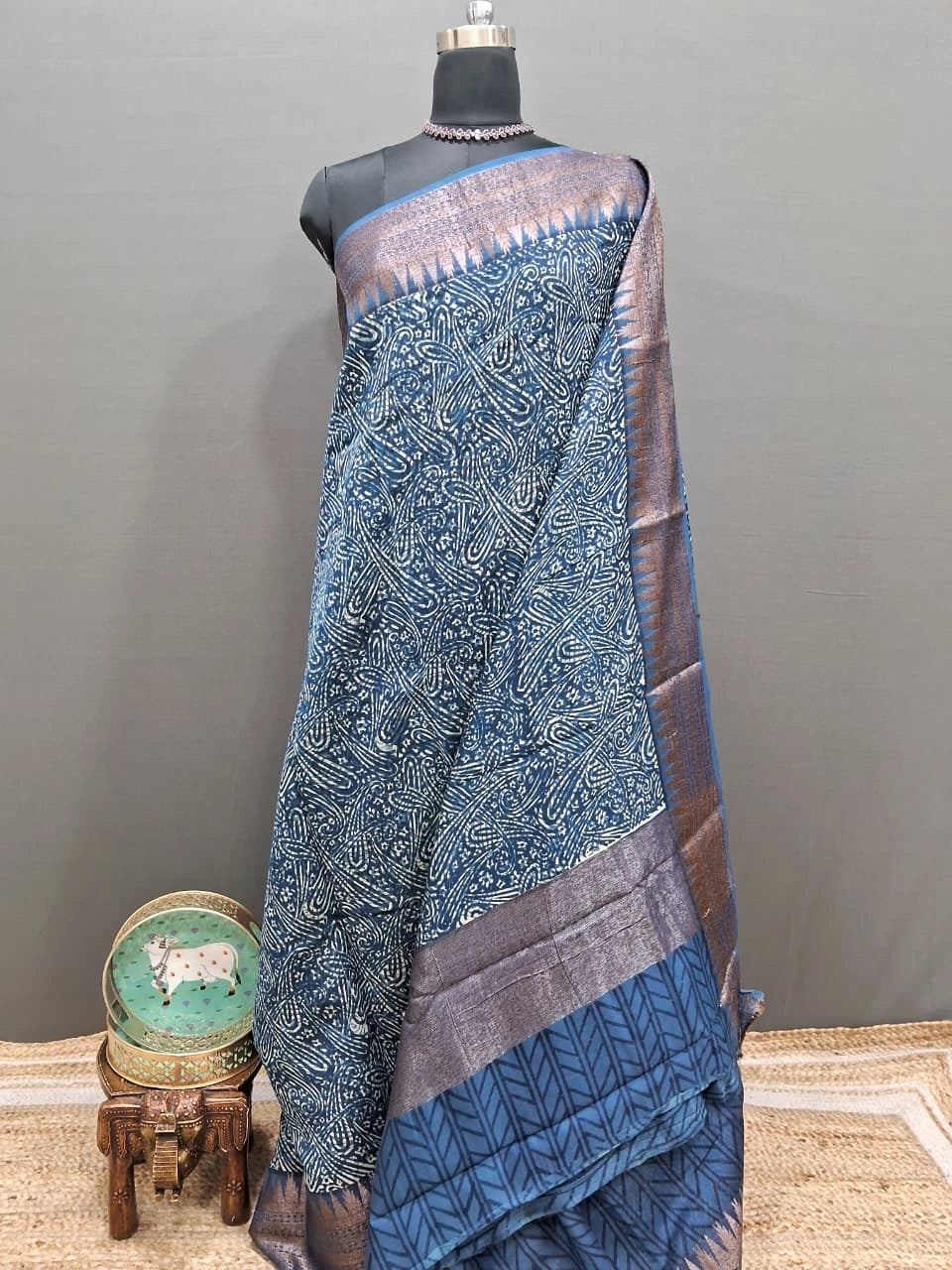 Luxury festive Indigo Blue Chanderi Saree