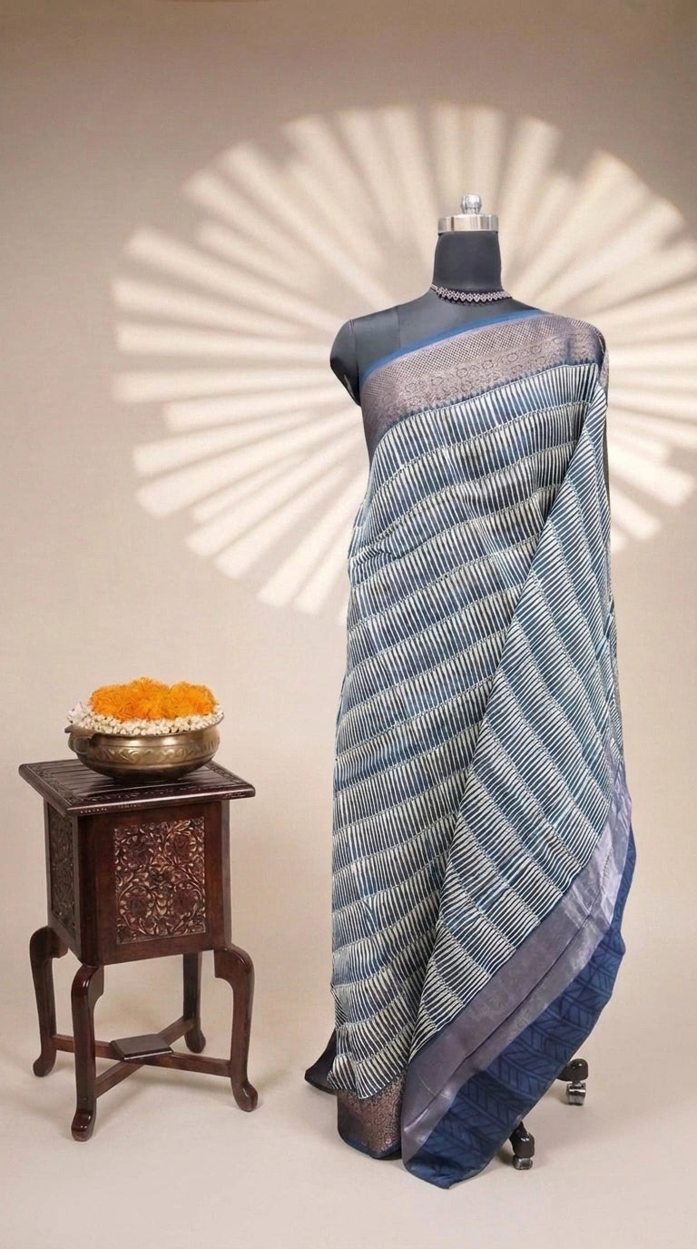 White and blue Chanderi Saree