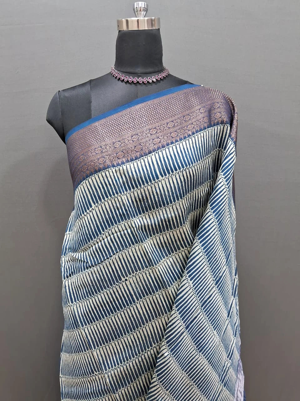 White and blue Chandheri Saree 
