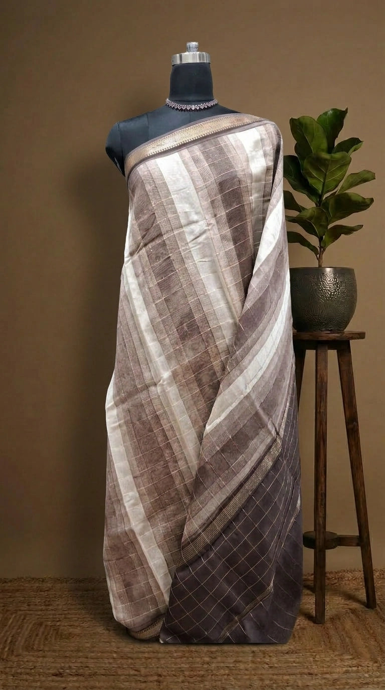 White and Brown Chanderi Saree