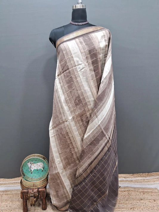 White and Brown Chandheri Saree