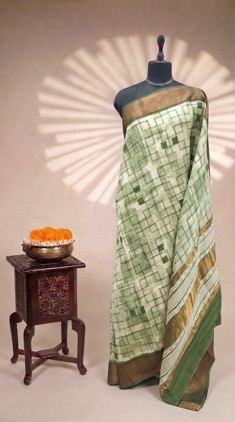 Elegant Beige and green  Chanderi Saree
