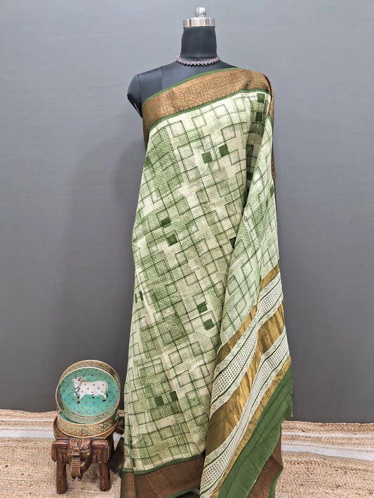 Elegant Beige and green  Chanderi Saree