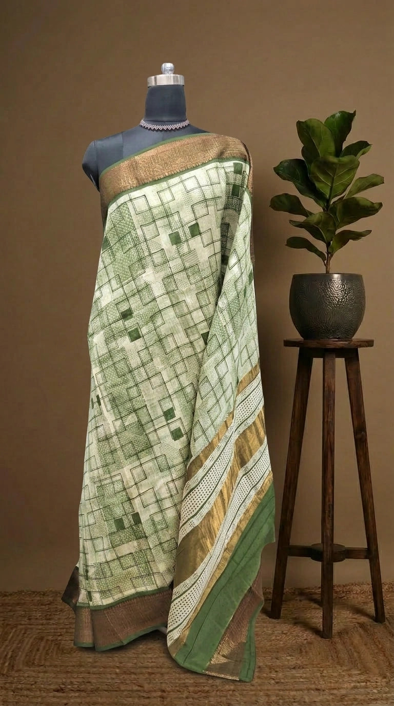 Elegant Beige and green  Chanderi Saree
