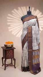 White Chanderi Saree with Geometric Print