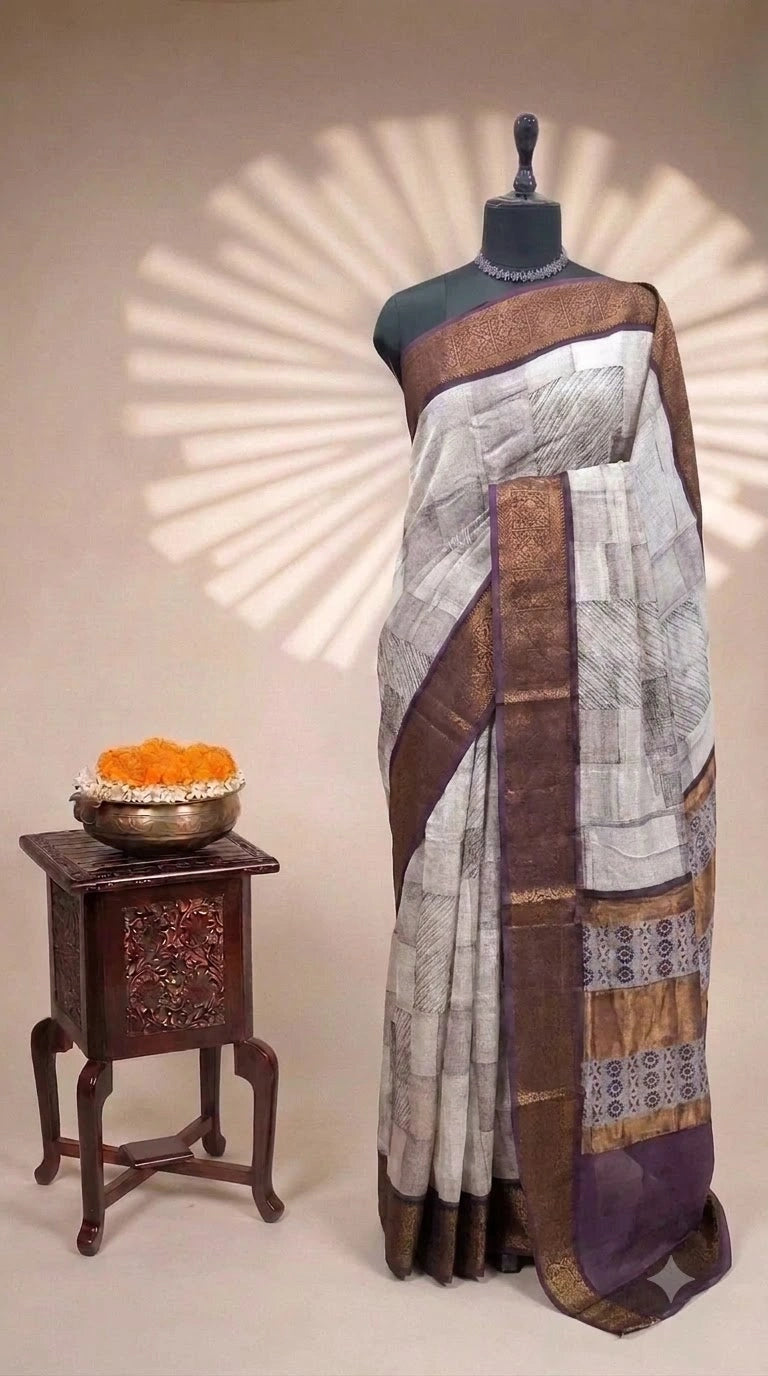 White Chanderi Saree with Geometric Print