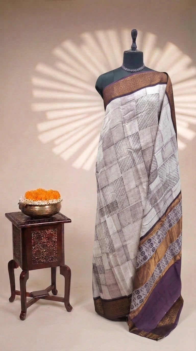 White Chanderi Saree with Geometric Print