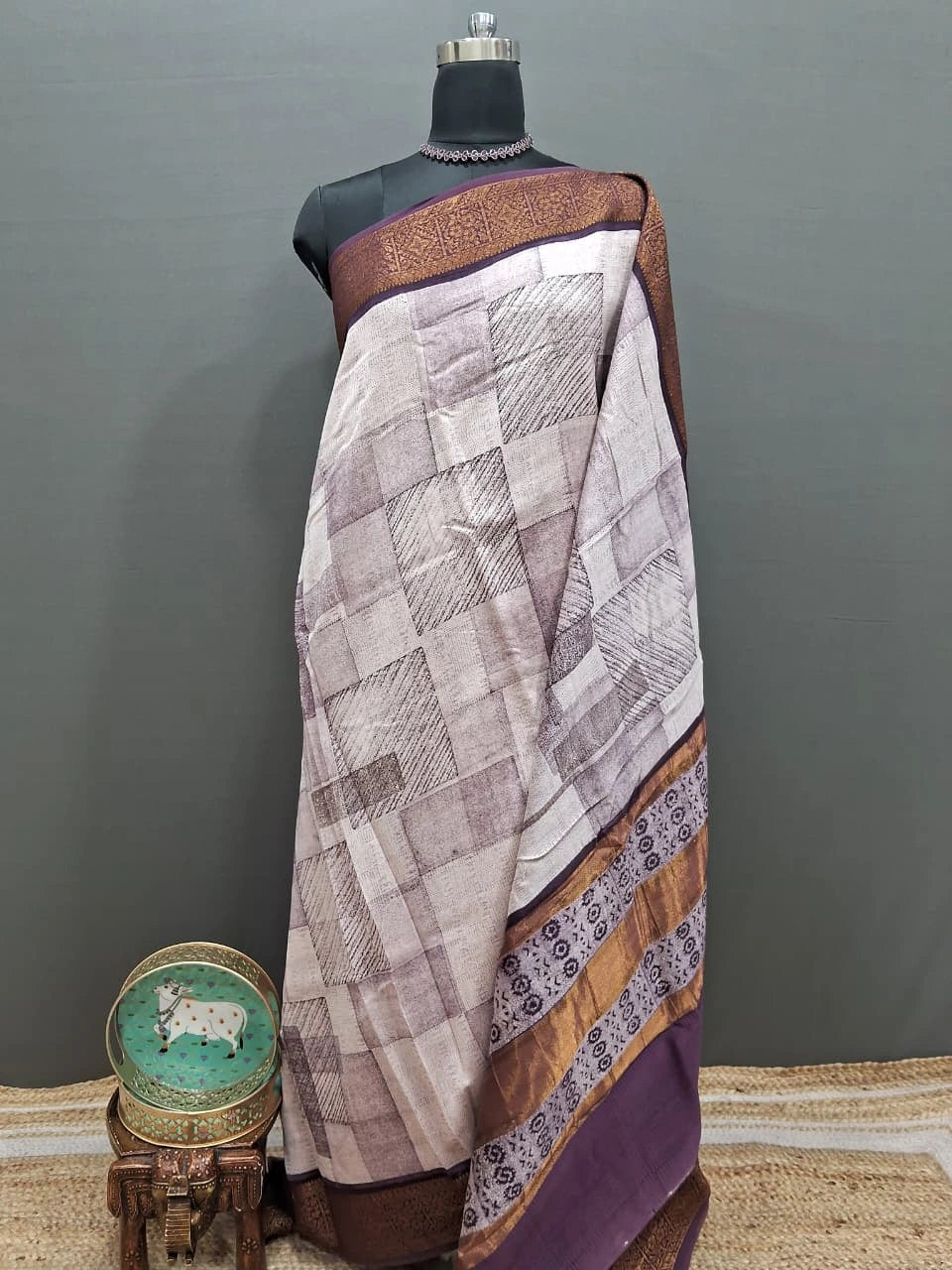 White Chanderi Saree with Geometric Print