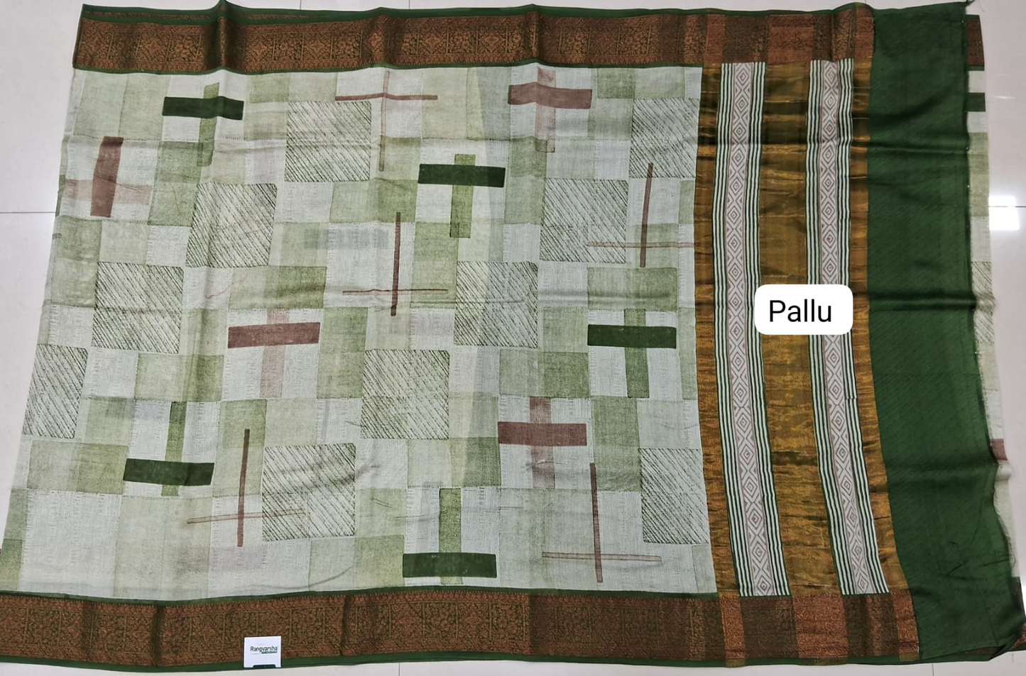 White Chandheri Saree with geometric print pallu