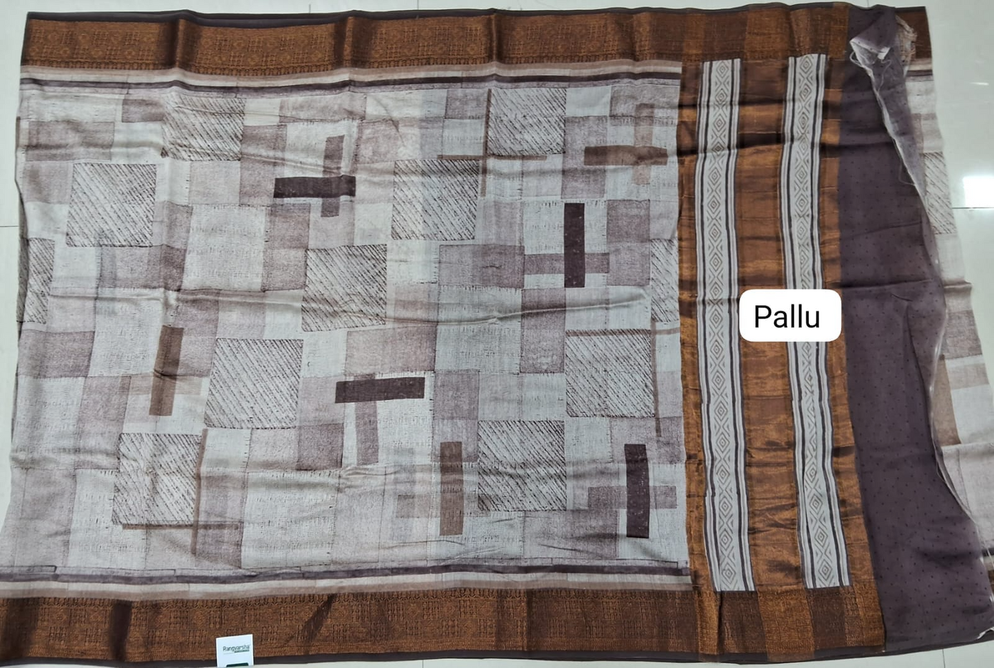 White Chandheri Saree with geometric block print pallu