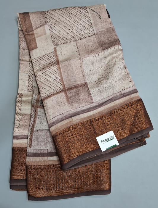 White Chandheri Saree with geometric block print