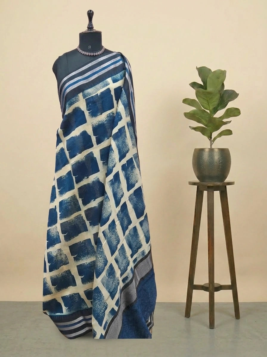 Navy Blue and Off-White Chanderi Saree 