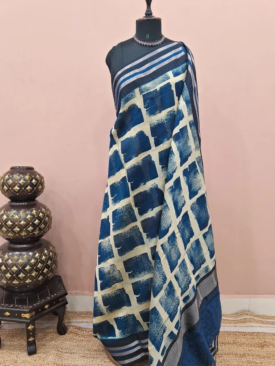 Navy Blue and Off-White Chanderi Saree 