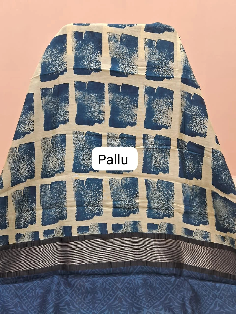 Navy Blue and Off-White Chanderi Saree pallu