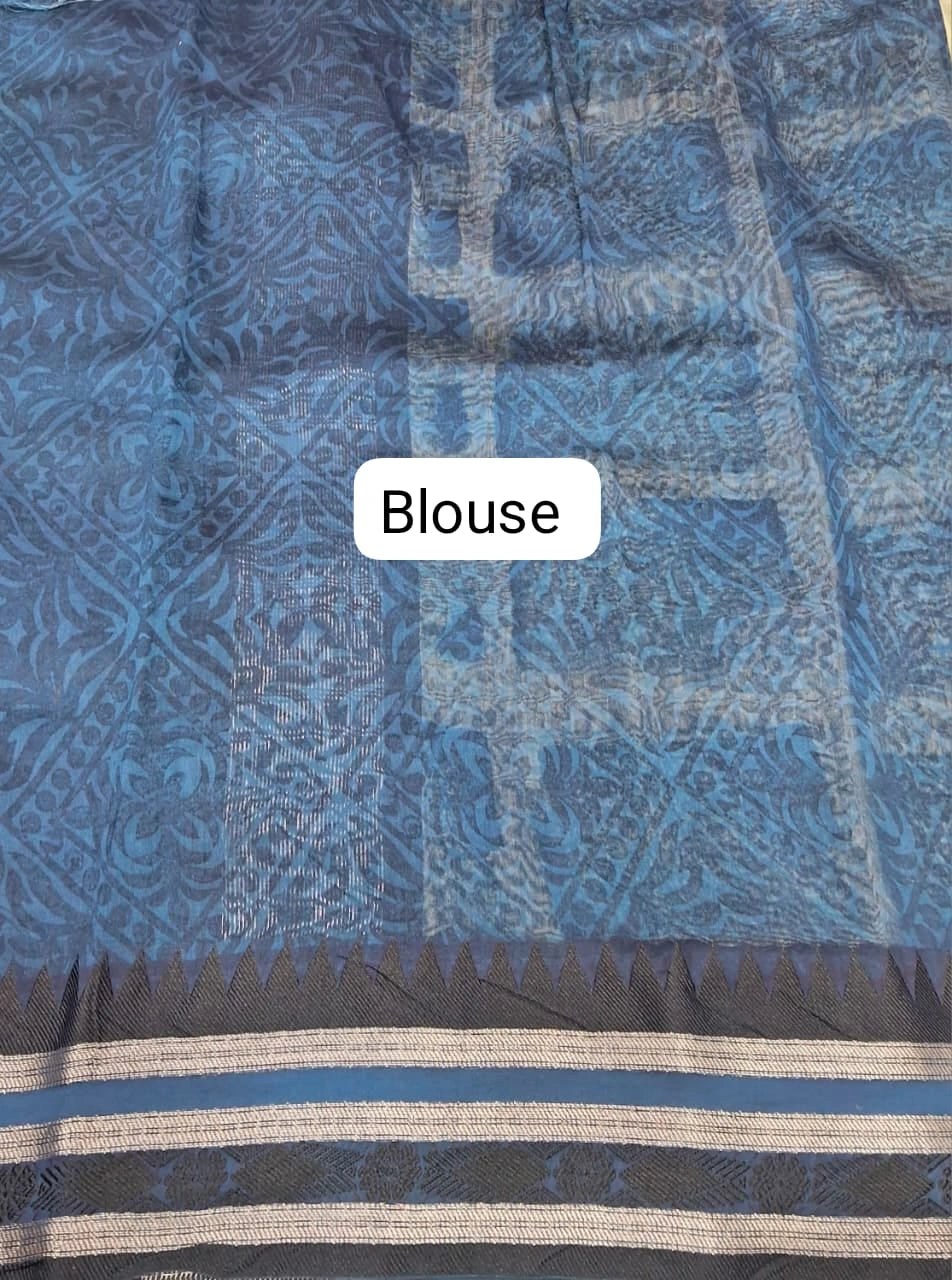 Navy Blue and Off-White Chanderi Saree  Blouse