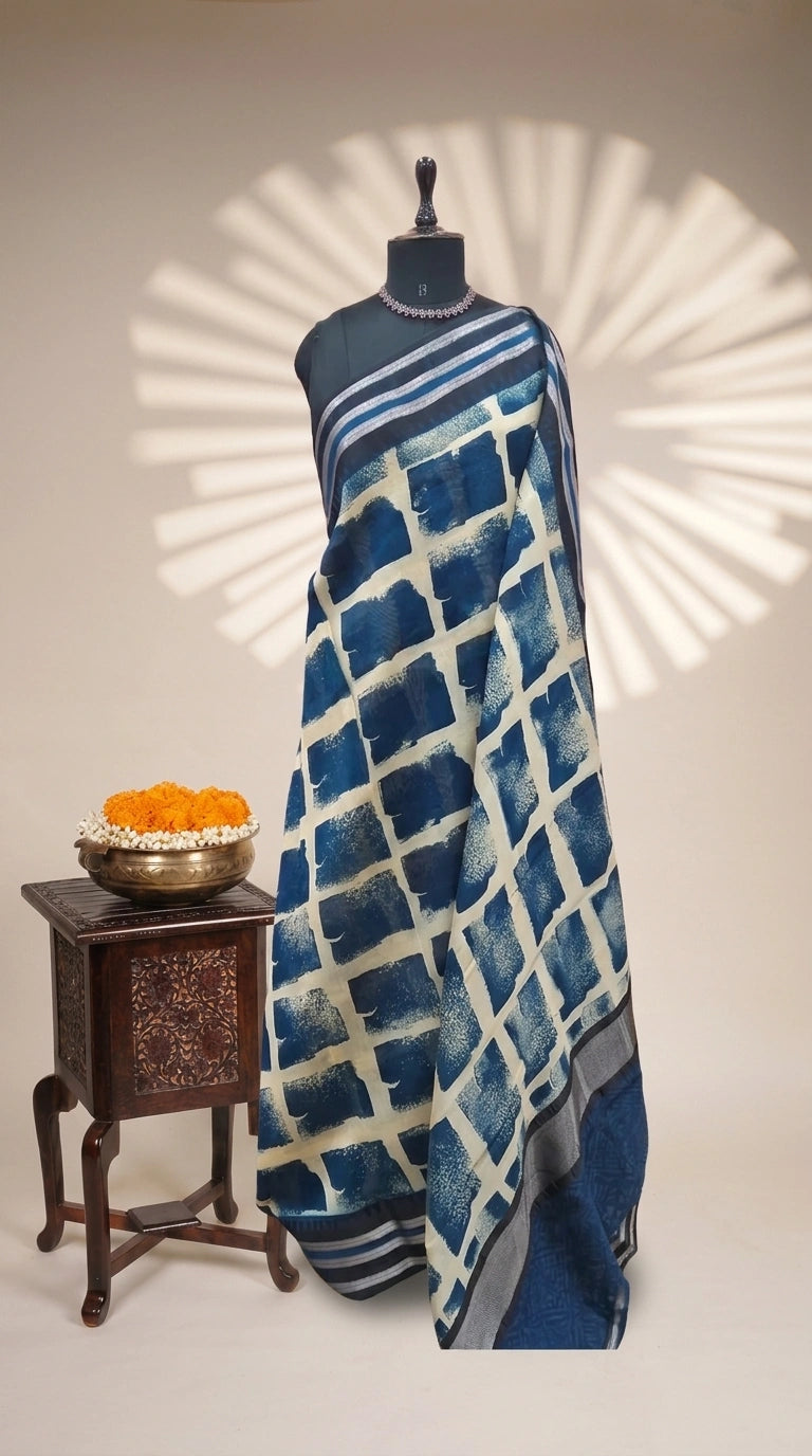 Navy Blue and Off-White Chanderi Saree 