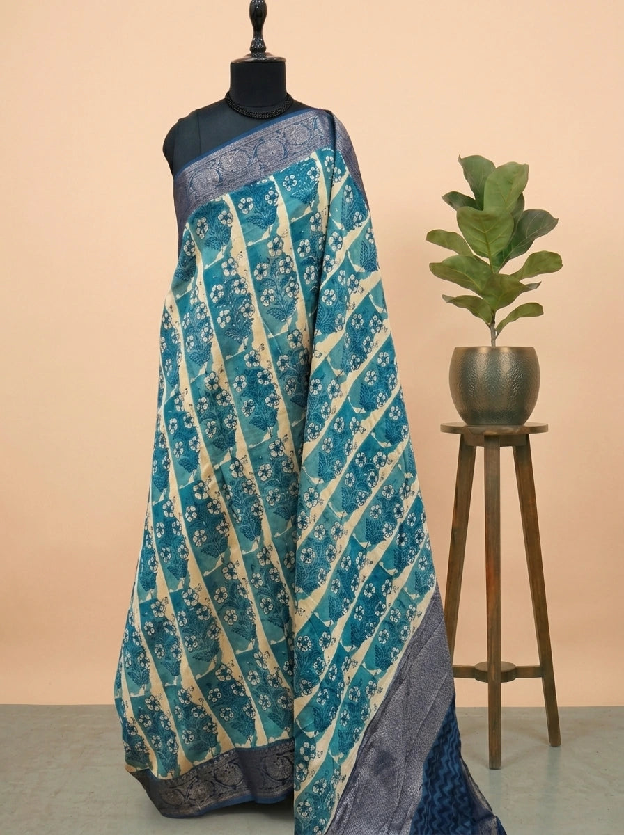 Beige and Blue Chanderi Saree 