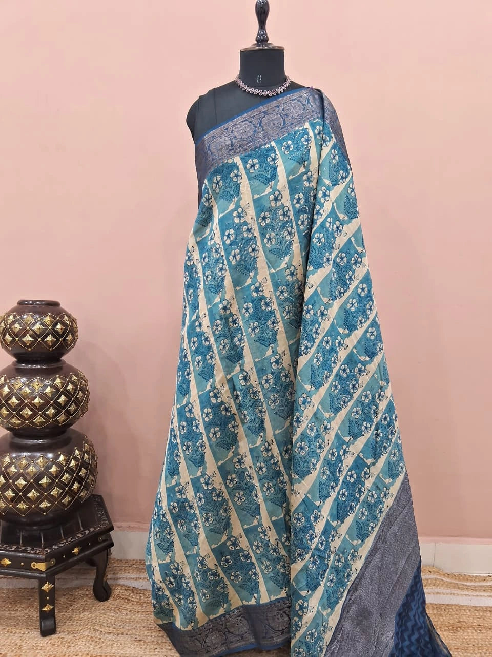 Beige and Blue Chanderi Saree 