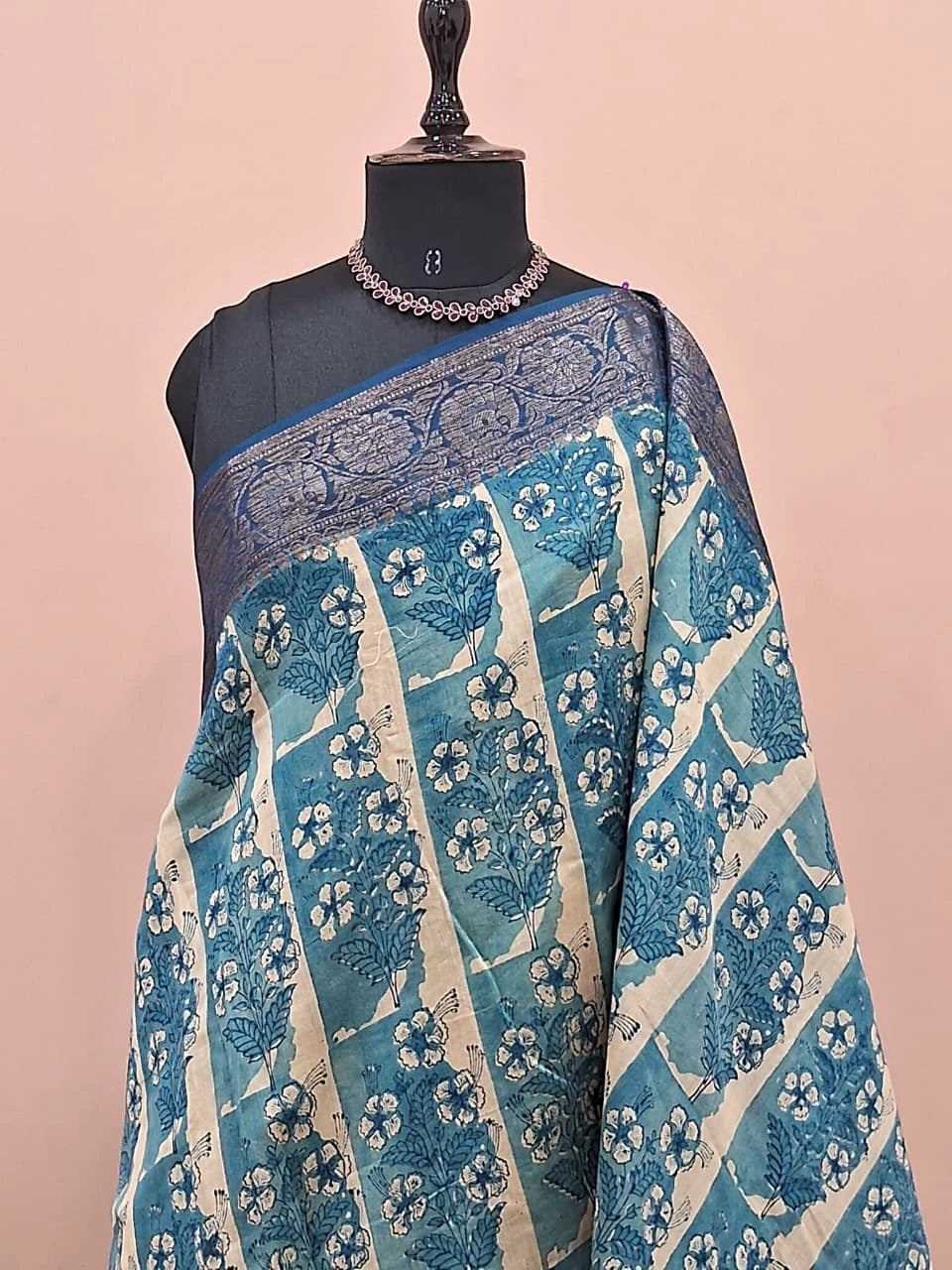 Beige and Blue Chanderi Saree 1