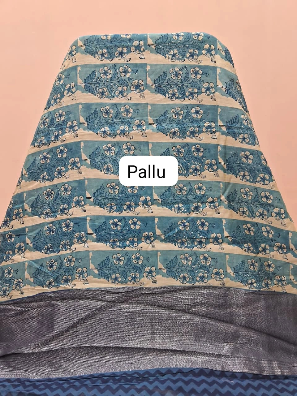 Beige and Blue Chanderi Saree pallu