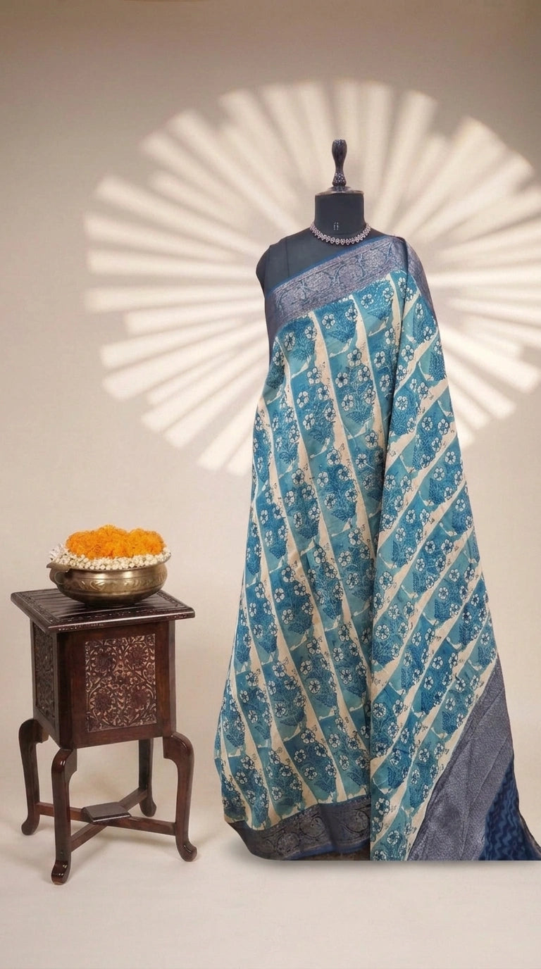 Beige and Blue Chanderi Saree 