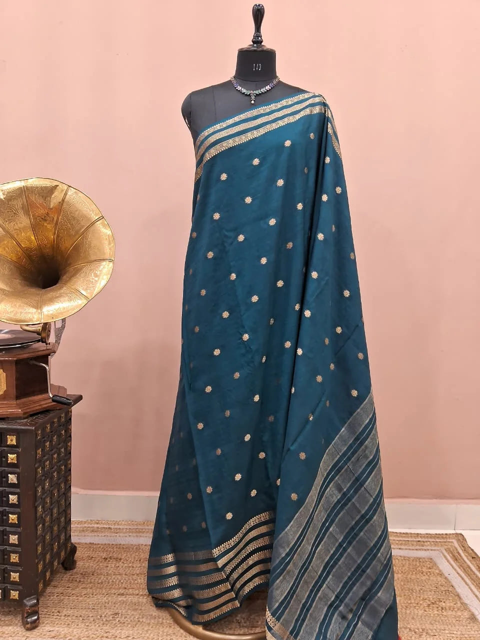 Peacock Blue Crepe Silk Saree