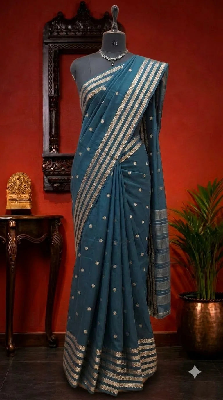 Peacock Blue Crepe Silk Saree