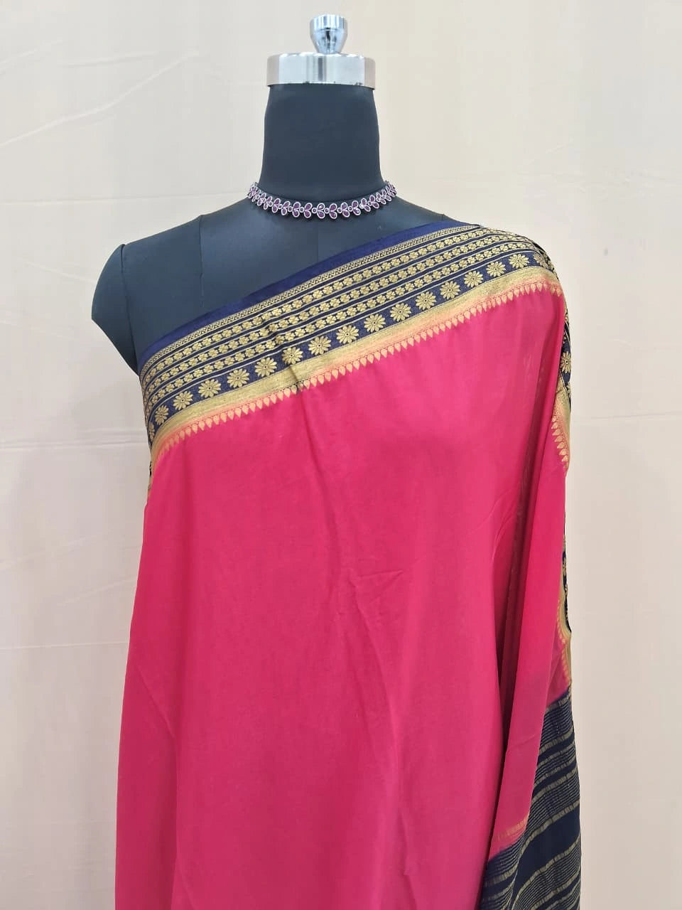 Reddish Pink Crepe Silk Saree 1