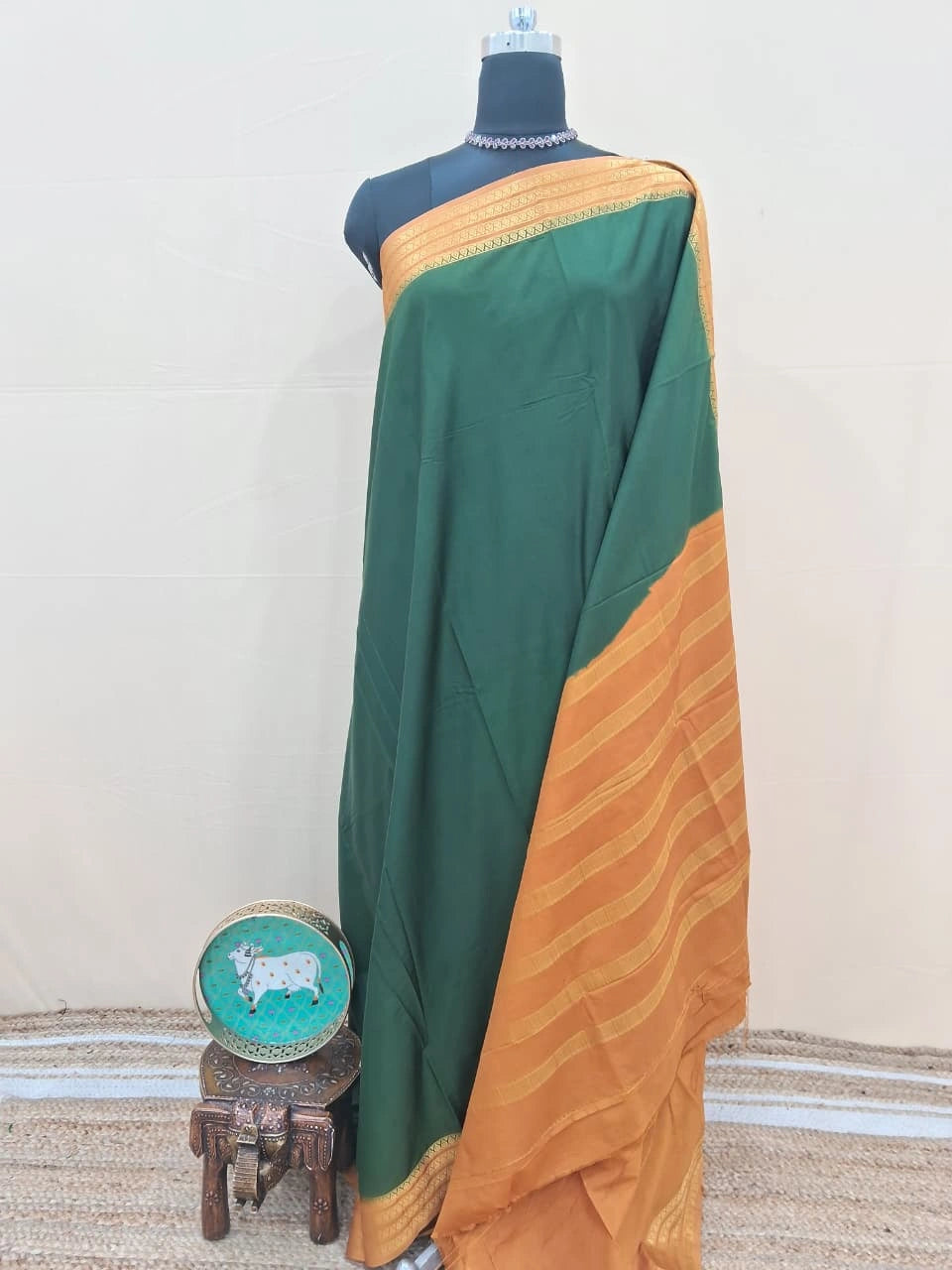 Bottle Green Plain Crepe Silk Saree 
