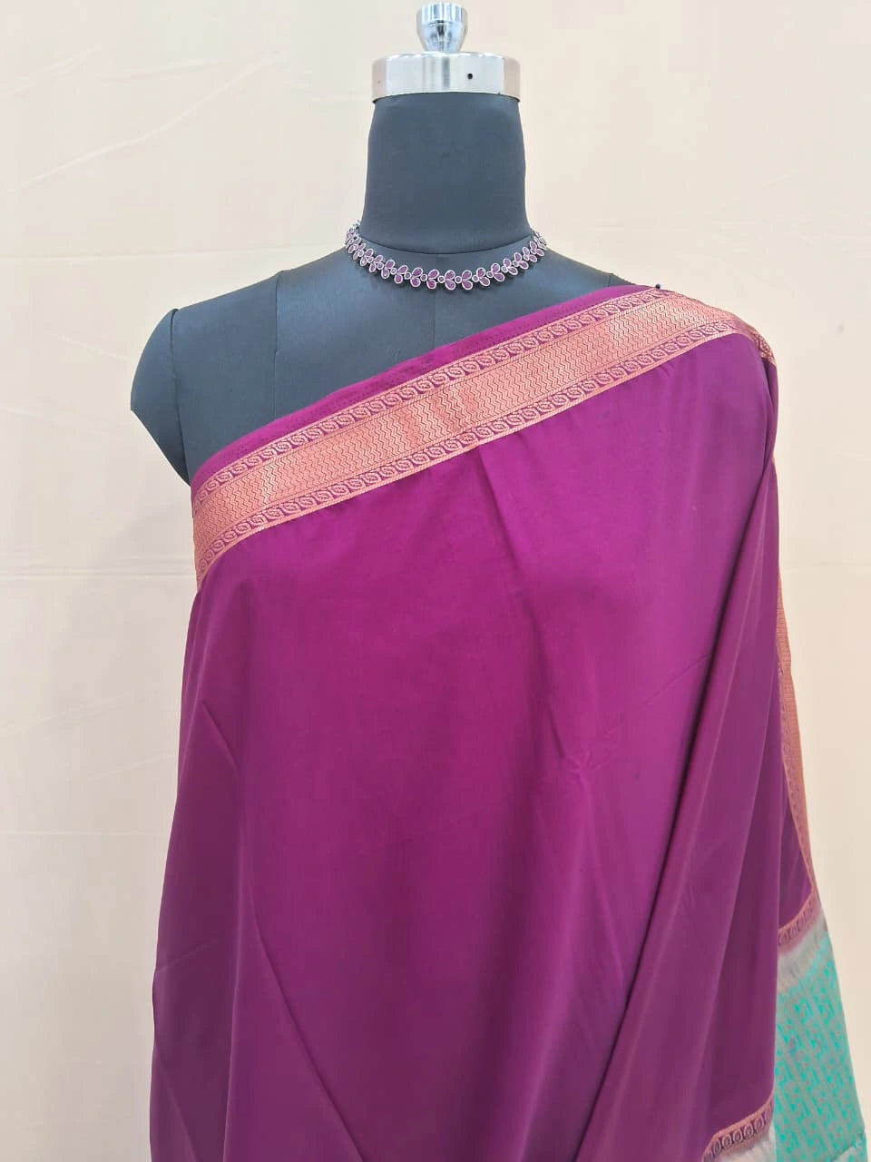 Wine Plain Crepe Silk Saree 1