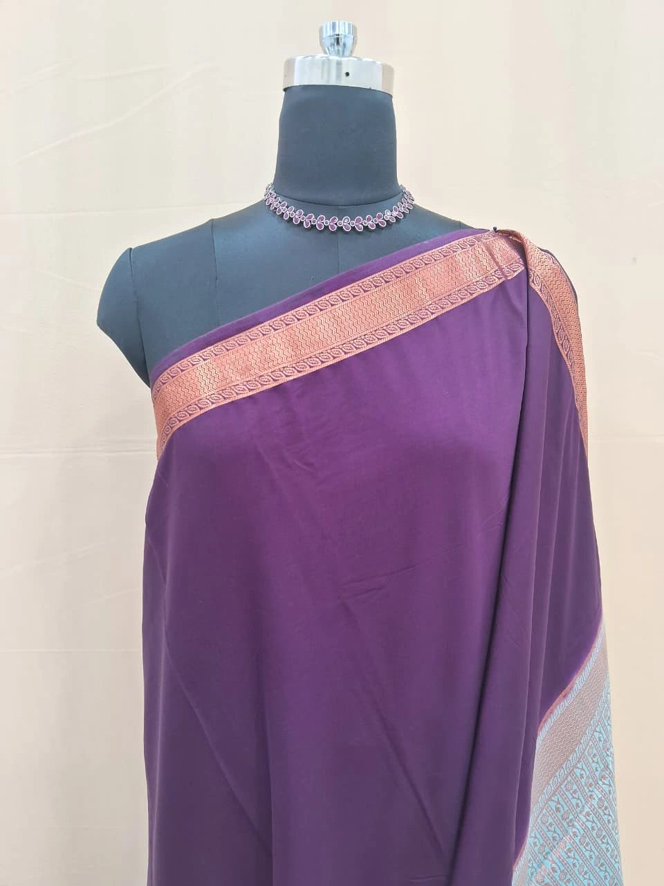 Dark Purple Plain Crepe Silk Saree 1