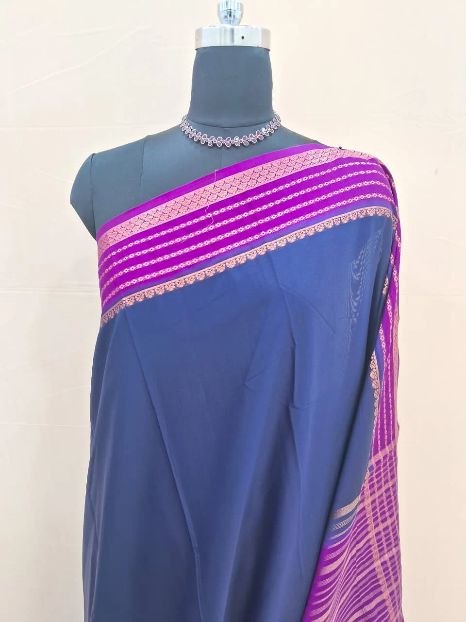Radiant Navy Blue Crepe Silk Saree 1