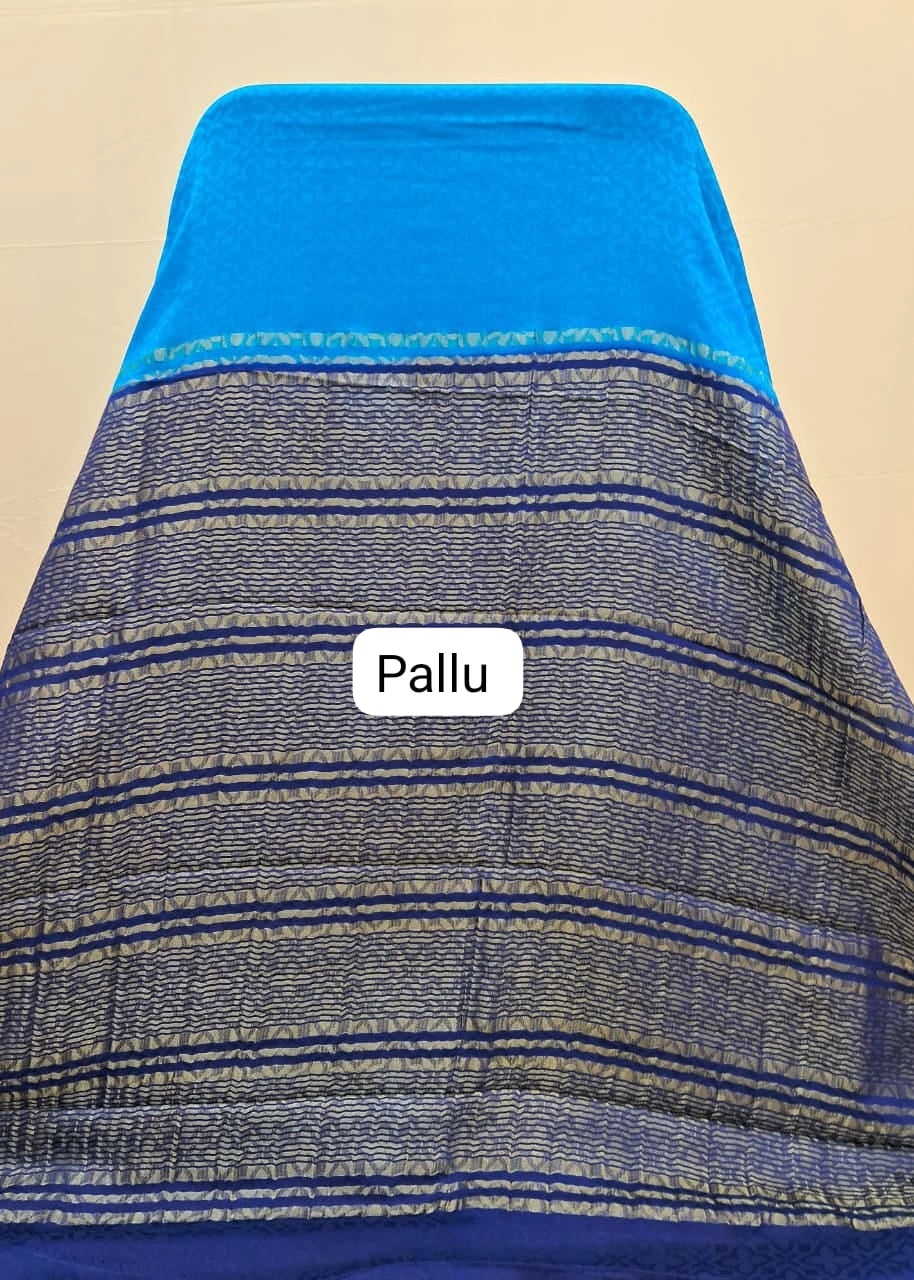Cornflower Blue Crepe Silk Saree pallu
