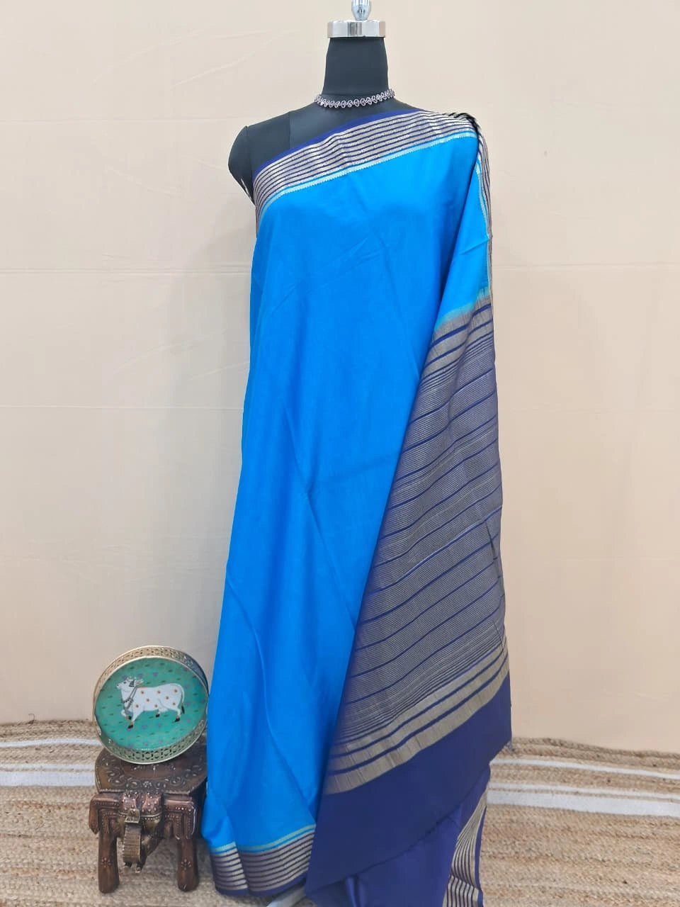 Blue plain Crepe Silk Saree 