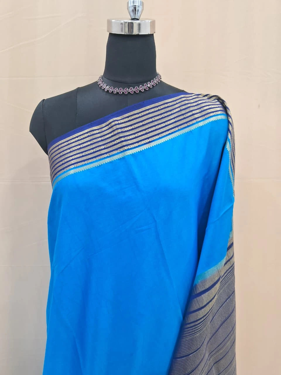 Blue plain Crepe Silk Saree 1