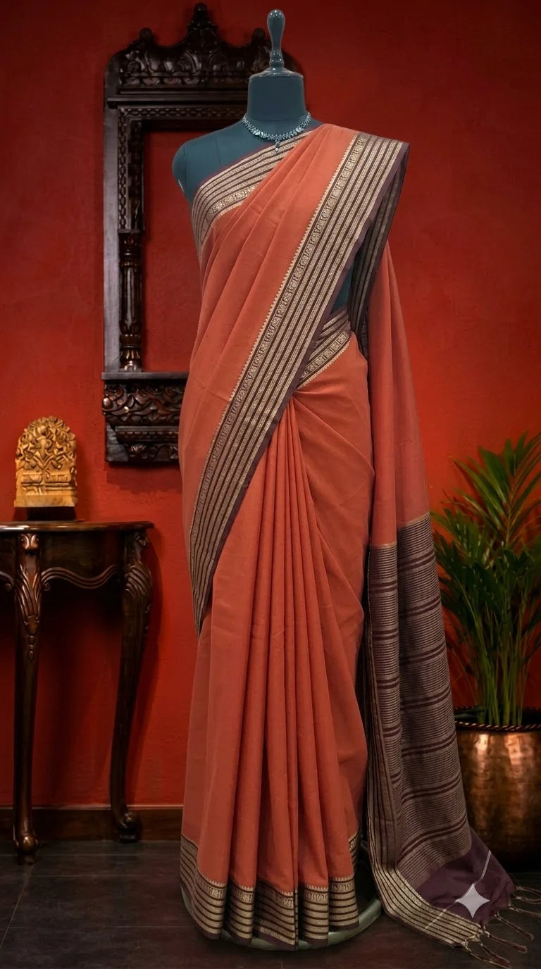 Burnt Orange Mysore Crepe Semi Silk Saree