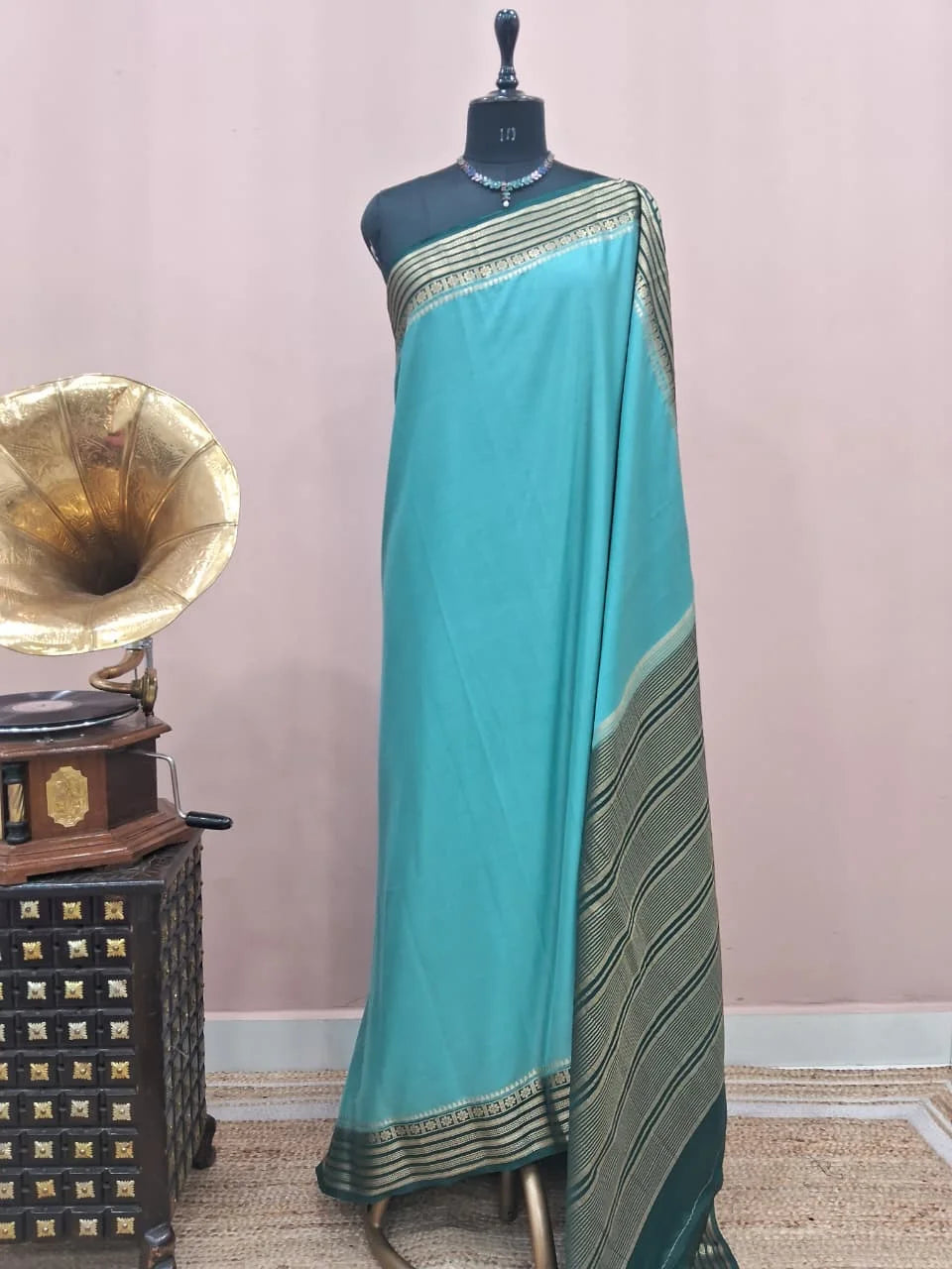 Marine Blue Mysore Crepe Semi Silk Saree