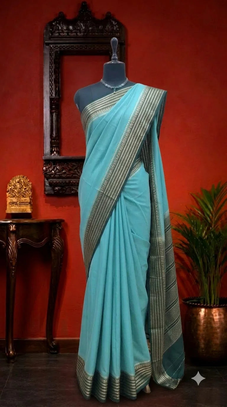 Marine Blue Mysore Crepe Semi Silk Saree