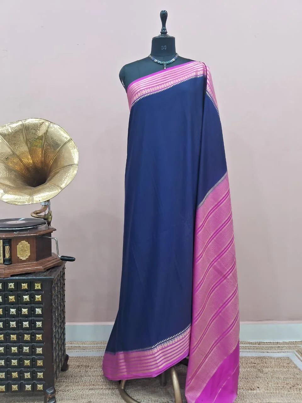 Navy Blue Mysore Crepe Semi Silk Saree