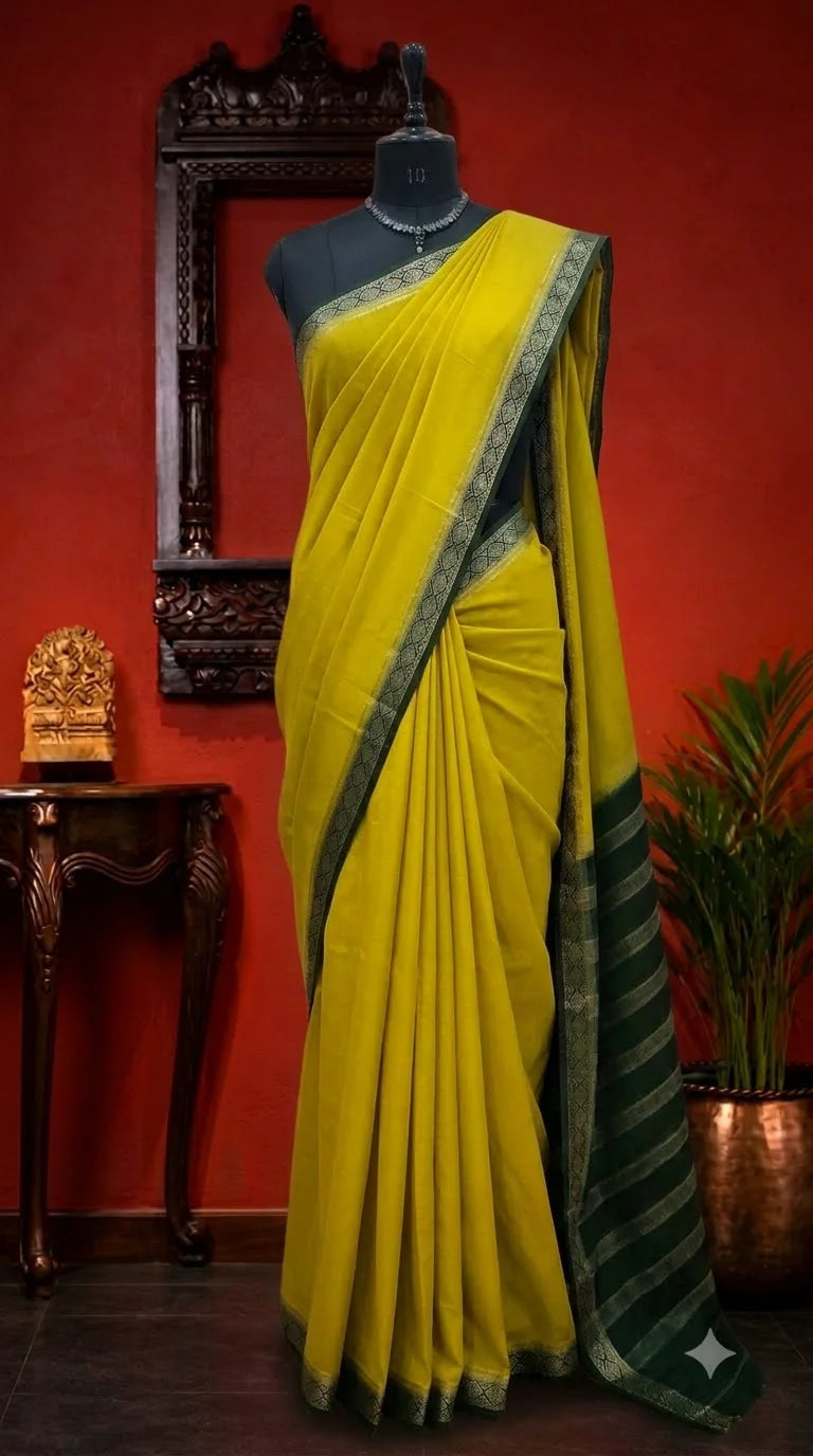 Citron Green Mysore Crepe Semi Silk Saree 