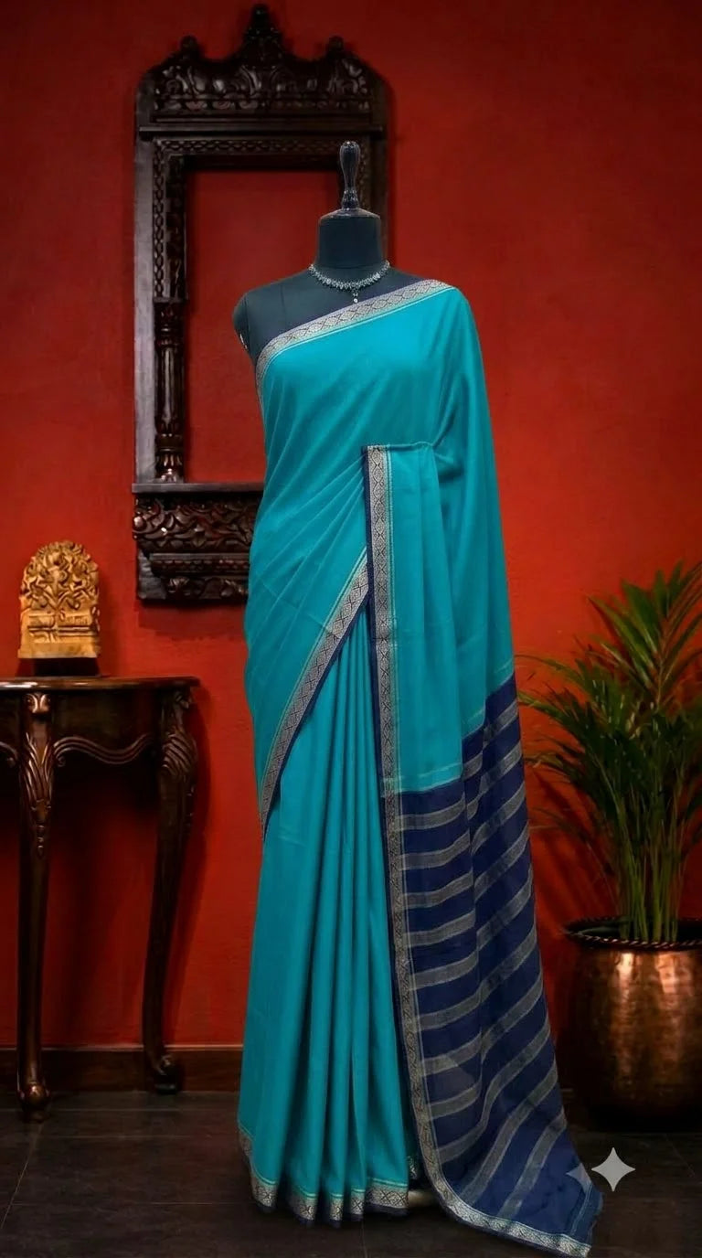 Sky Blue Mysore Crepe Semi Silk Saree