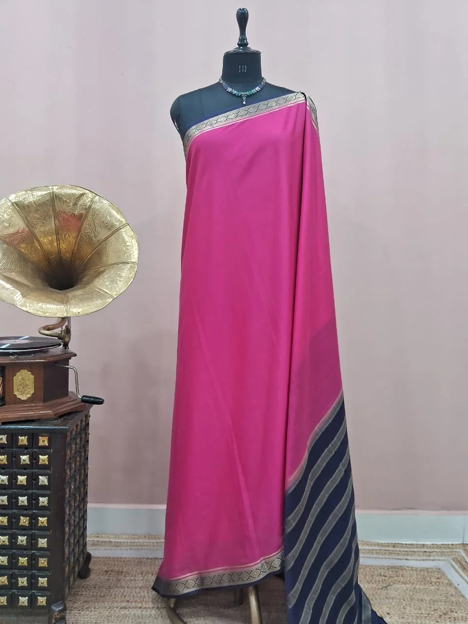 Rani Pink Mysore Crepe Semi Silk Saree 