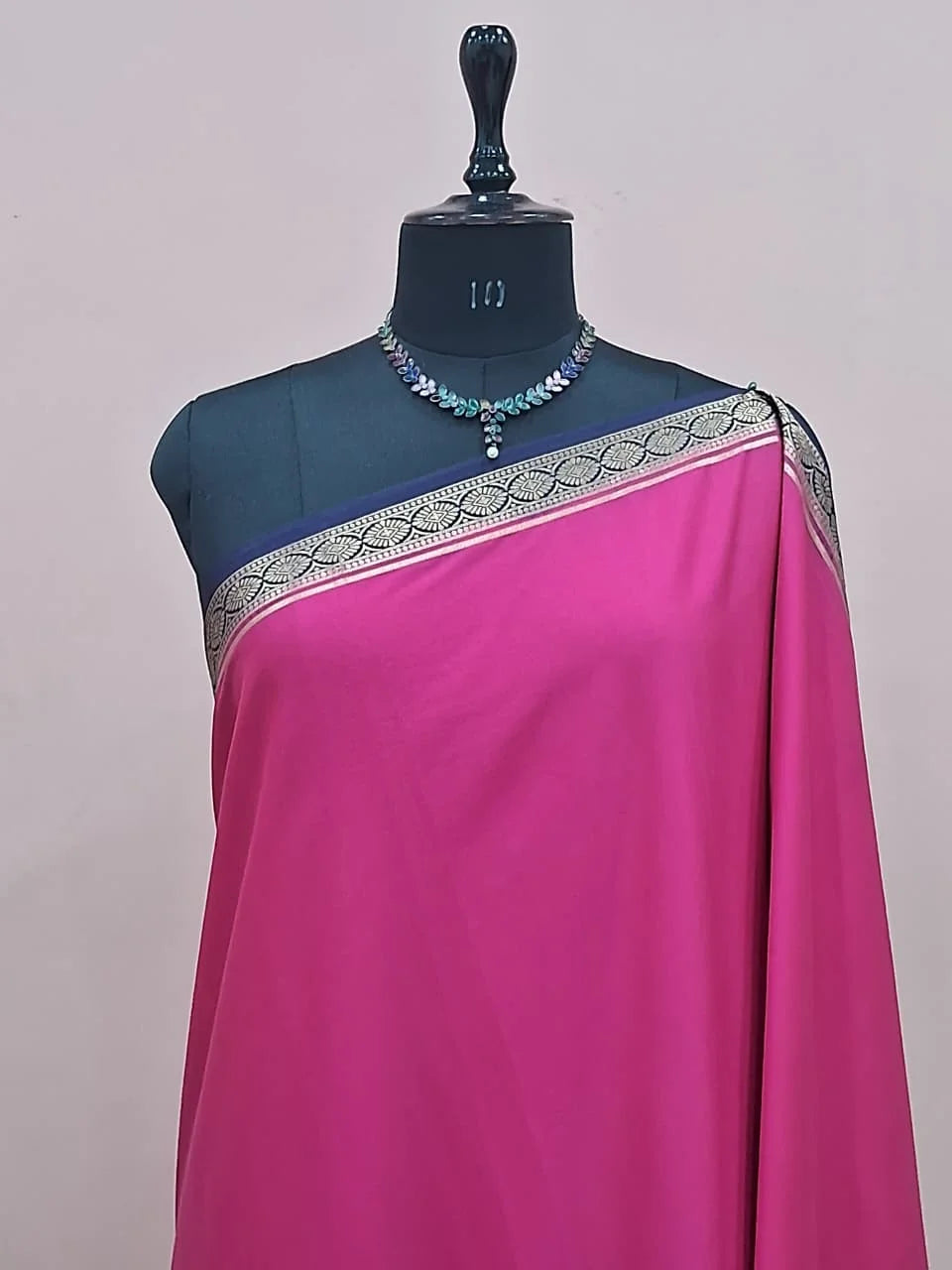Rani Pink Mysore Crepe Semi Silk Saree 1