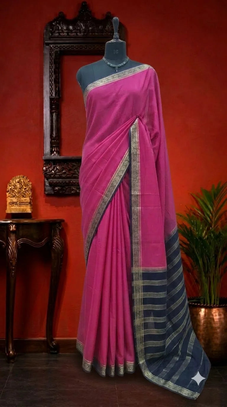 Rani Pink Mysore Crepe Semi Silk Saree 