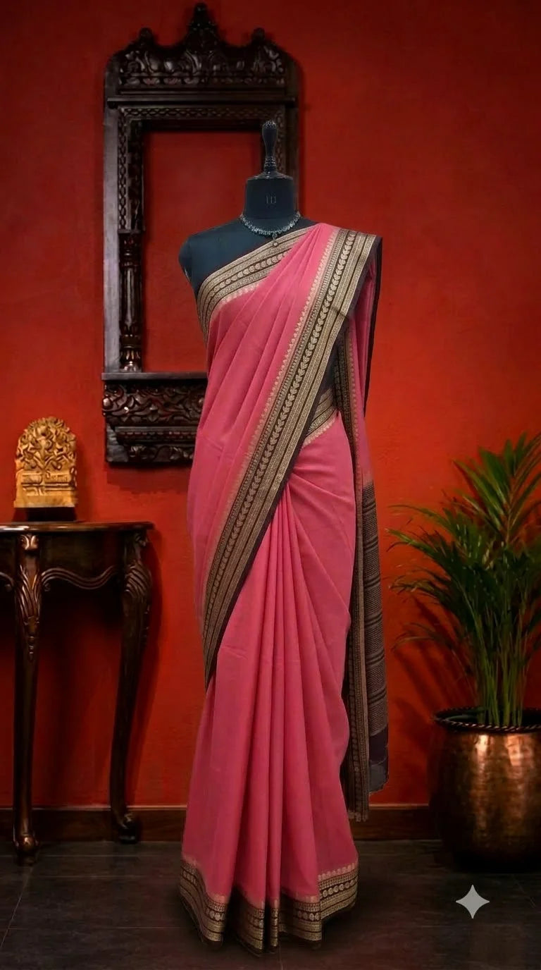 Rose Pink Mysore Crepe Semi Silk Saree